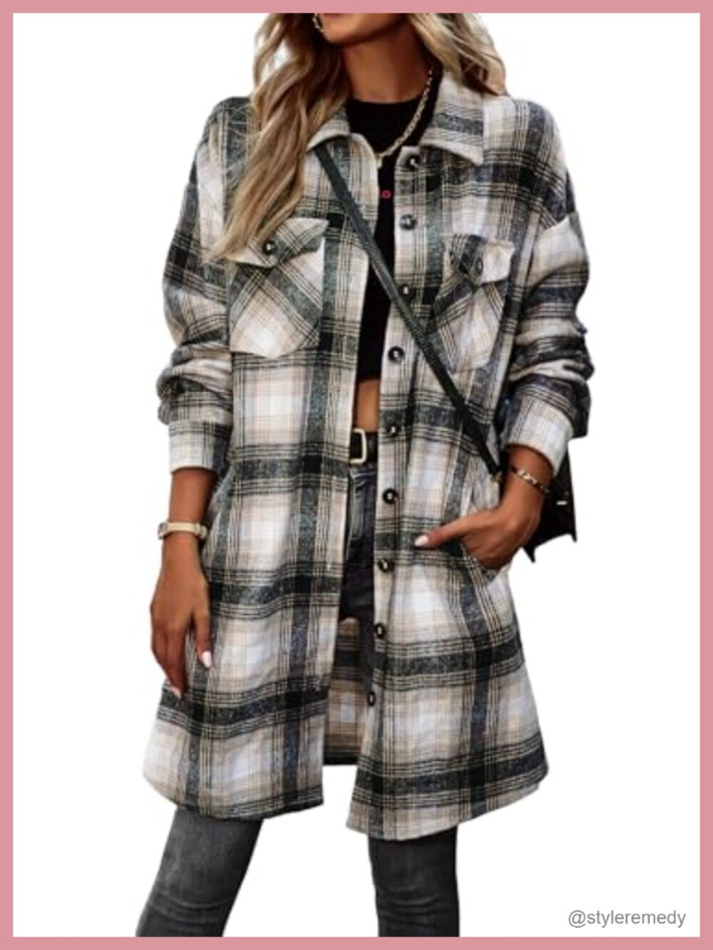 Plaid Shacket Jacket Long Sleeve Button Down Woolen Coat Pockets